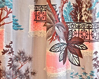 Vintage 1940s Barkcloth Curtain Panel with Desert Pine Pattern.