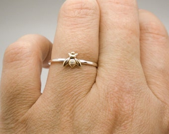 Tiny bee ring - Sterling silver and tiny gold brass bee ring - stacking ring - knuckle ring - midi ring