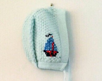 Vintage Acrylic Knit Baby Winter Hat with Sailboat Gift New Baby - Vintage Mid-Century Blue Baby Hat
