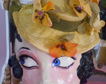 1940's Toy Tilt Hat w/Yellow Straw, Velvet & Organza Pansies, Netting - Easter Bonnet Parade