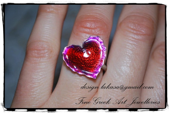 Ring Heart Red Enamel Sterling Silver Handmade Jewelry Fine Greek Art Best Gift Ideas for her Birthday Anniversary Valentine day Mother Love