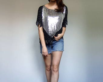 80s Sequin Top Womens Vintage Clothing Oversized Top Beaded Tshirt Tee Sequin Shirt - Small to Large S M L