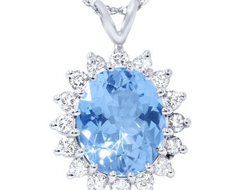 5.50CT Blue Topaz Diamond Pendant 14K White Gold