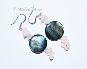 1.75" Abalone Shell Earrings,Paua Shell Earrings,Blue Abalone Earrings,Pink Quartz Earrings,Blue Paua Earrings,Pink Quartz Earrings,Shell