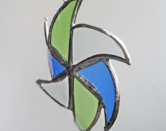 Blue and Green Pinwheel Star- Upcycled Stained Glass Suncatcher or Christmas ornament