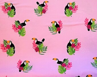 "Toucan" on pink printed cotton jersey fabric