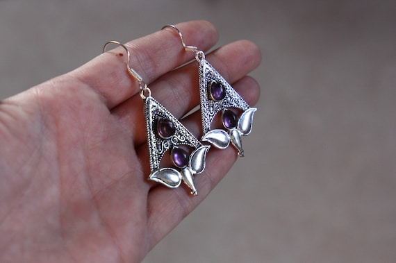AMETHYST TULIP EARRINGS - Oxodised Silver Earrings - Amethyst - Healing Crystal Jewellery - Chakra Earrings - Vintage - Gemstone