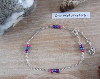 Silver chain anklet chain fuschia purple, blue glass beads
