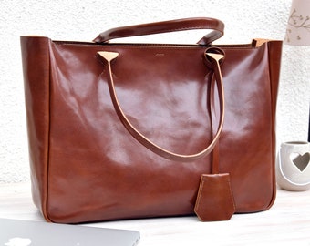 Brown Leather Tote BELLA VOLUME Cognac Brown Leather Tote Leather Laptop Bag Leather Briefcase Tote Bag With Pockets Tote Bag Shoulder Bag