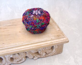 Multicolor Silk Basket - Flower Inspired Handmade Silk Sari Tapestry Basket w/ Lid - Valentine's Day, Mother's Day, Wedding Anniversary Gift