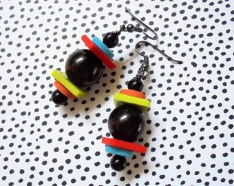 Black, Red, Lime Green, Orange and Aqua Blue Geometric Boho Earrings (3794)