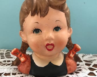 Vintage Napcoware sweet little girl with braids and bows head vase / planter. C-7094. #774
