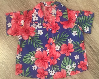 Baby Hawaiian shirt Blue with pink hibiscus