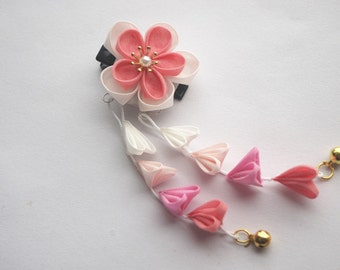 Handmade Japanese Traditional Tsumami Kanzashi Hair Clip Pin Kimono Yukata Outfit Wedding Ornament White Pink Sakura Beautiful Falls