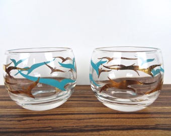 Set Of 2 Atomic Turquoise And Gold Roly Poly Barware Glasses, Mid Century Modern Seagull Barware