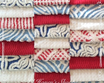 Chenille fabric quilt squares 25-6 inch blocks, pretty shades of Red, white & Blue, patriotic, 4th. Of July