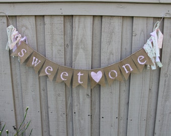Pink shabby chic sweet one burlap banner