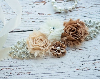 Maternity Sash, Rustic Maternity Sash, Tan Sash, Maternity Belt / Bridal Sash, Bridesmaid Sashes, Ivory Sash / Flower Girl Sash,