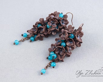 Earrings with flowers made of polymer clay. Long earrings with bunches of flowers from polymer clay