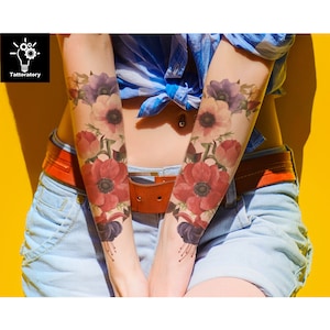 2 Floral Temporary Tattoo Sleeve for Women Tatouage Temporaire Fleur Large Temporary Tattoo Watercolor Flower Tattoo Rose Fake Tattoo Sleeve