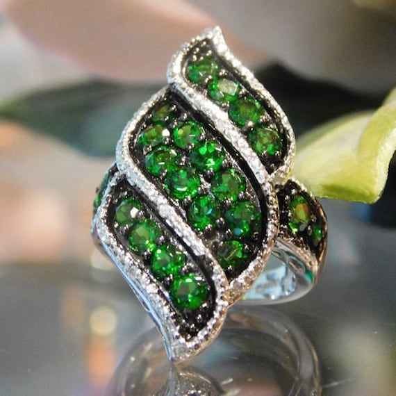 Russian Chrome Diopside Diamond Ring / Siberian Emerald / Size 5 / Sterling Silver / 2.5 ctw / Pave / Cluster / Statement