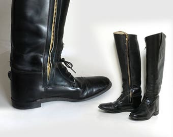 Lace up zipper riding boots women 9.5//men 8.5 42 Vintage English riding boot/tall black knee boot 1930s steampunk/moto hunting equestrian