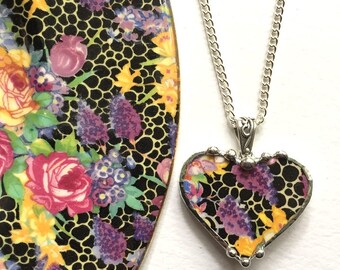 Broken china necklace. Broken china jewelry heart pendant antique Hazel chintz lilac recycled china, Dishfunctional Designs