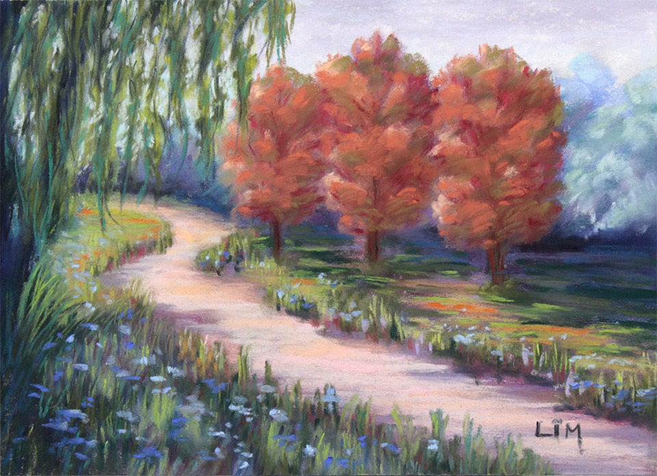 Peinture d'un paysage au pastel sec Chemin dans un parc