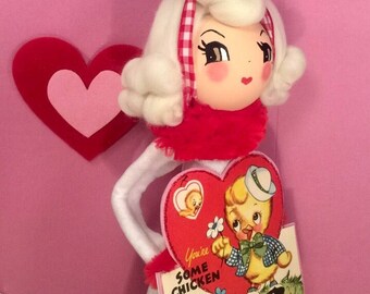 Valentine doll centerpiece valentine tree topper vintage retro inspired art doll party decor blonde doll red and white happy valentines day