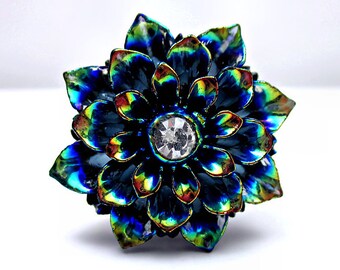 Rainbow Black Flower Ring; Black Resin Flower Ring; Adjustable Silver Ring; AB Black Ring; Rainbow Rhinestone Ring; Handmade Flower Jewelry