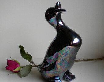 Great duck - plaster iridescent glazed, black, 90s, retro decoration