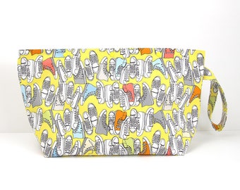 Project bag - 3 skein knitting bag with shoes, medium wide project bag with snaps, yellow crochet storage