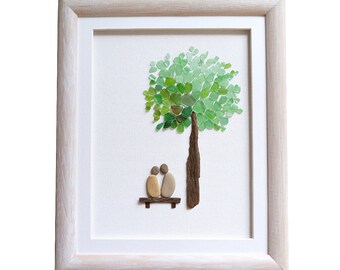 Sea glass art gift for couple, Pebble art, Romantic gift for her / him, Unique wedding gift, engagement or anniversary gift, Framed wall art