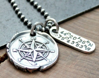 Personalized Coordinates Compass Necklace, Custom Location Necklace, Longitude Latitude Necklace, Fine Silver Compass Necklace, Rustic Mens