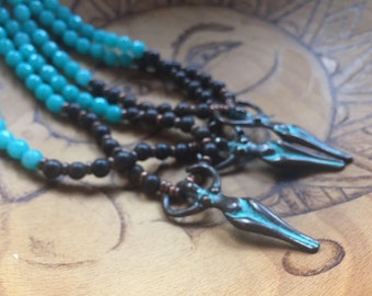 54 Bead Agarwood, Turquoise Dyed Jade + Patina Goddess Pendant Yoga and Meditation Mini Mala with Copper Metal Spacers
