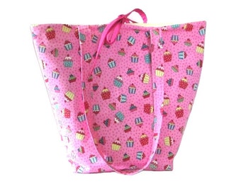 Cupcake Tote Bag, Pink Cloth Purse, Handmade Handbag, Birthday Tote Bag, Polka Dots, Fabric Bag, Shoulder Bag