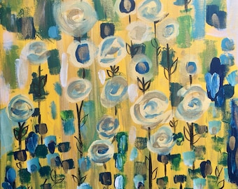 Yellow with Blue Flowers and Vines