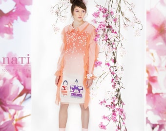 SAKURA cherry blossom DRESS flouncy silk tulle peach pretty long sleeve