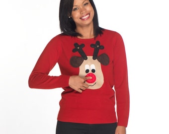 Squeaky Nose Rudolph Ladies Christmas Sweater - Beige Rudolph