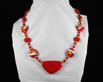 Red & Multicolor Kazuri with Pendant Necklace