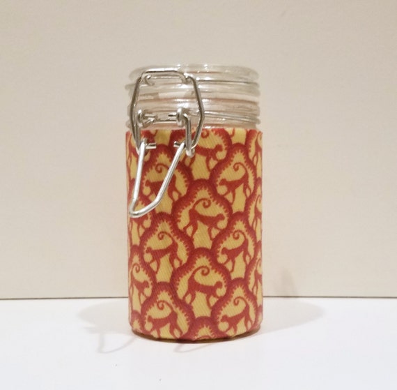 Small Glass Stash Jar Latch Top Jar Red and Gold Monkey