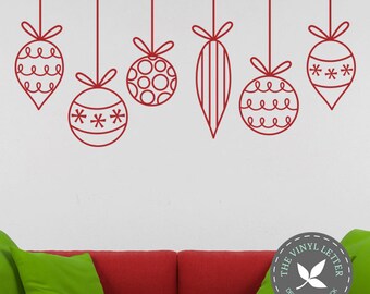 6 - Multi Sized Hanging Christmas Ornaments Vinyl Wall, Window Seasonal Decal Ornament Sticker Decor Winter