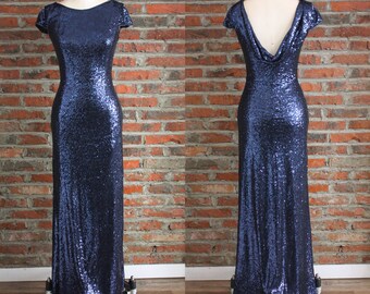 Navy Bridesmaid Dresses, Sequin Prom Dress, Full Sequined Dress, Evening Dress Long,Dress for Wedding Party,Cowl Back Ball Gowns