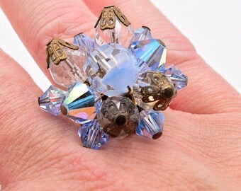 Blue rhinestone ring, light blue crystal ring, chunky beaded ring, silver adjustable ring, 1950s vintage clip earring, aurora borealis ring,