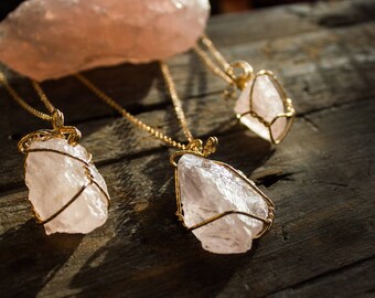 Rose Quartz Necklace Pendant Chunky Raw Quartz Natural Crystal healing Rose Gold wrapped March February Birthday Mothers Day Gift Pisces