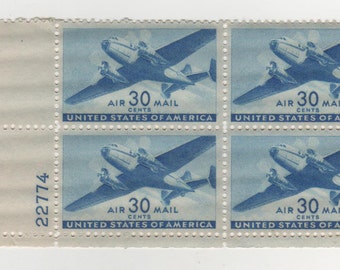 30 cent 1941-44 Twin-Motored Transport Airmail (Scott's C 30) Plate Block of 4 Postage Stamps, Mint-NH