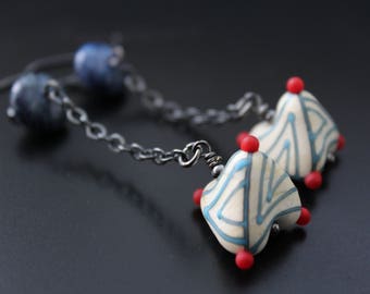 Lapis and artisan lampwork earrings, oxidized sterling earrings, long boho chain earrings, red white and blue earrings, swingy earrings