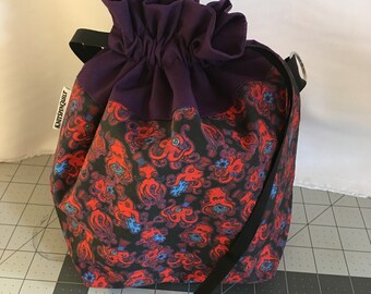 STEAMPUNK OCTOPODS octopus print medium fully-lined cotton drawstring knitting project bag