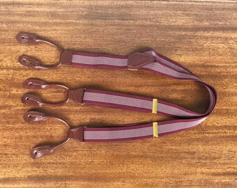 Vintage 1980s Mens Suspenders | 80s Maroon Red and White Stripes Y-Back Braces with Brown Leather Tabs and Brass Hardware
