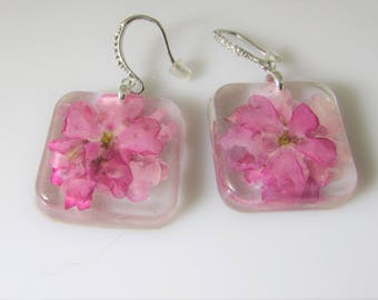 Pink Verbena Real Flower Earrings, Pressed Flower Jewelry, Resin (3066)